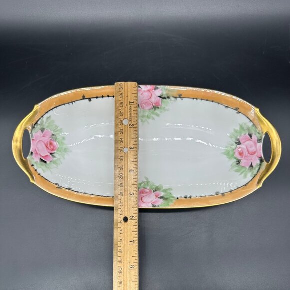 Antique Celery Dish Serving Bowl Bavarian Hand Painted Pink Roses Gold Floral - Picture 9 of 10